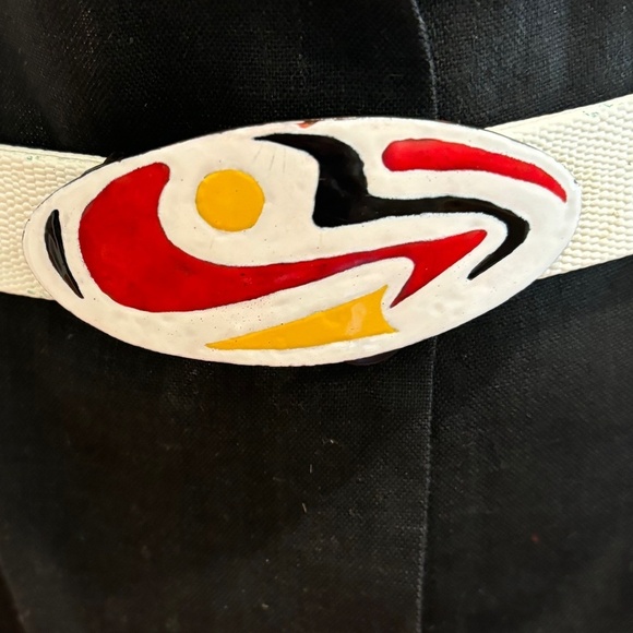 70s ENAMEL OVAL BELT BUCKLE W ABSTRACT DESIGN & COATED CANVAS ADJUSTABLE BELT - Picture 1 of 4